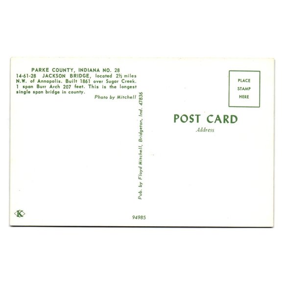 Vintage Postcard Parke County Indiana Jackson Covered Bridge Sugar Creek 95985 - Picture 2 of 2